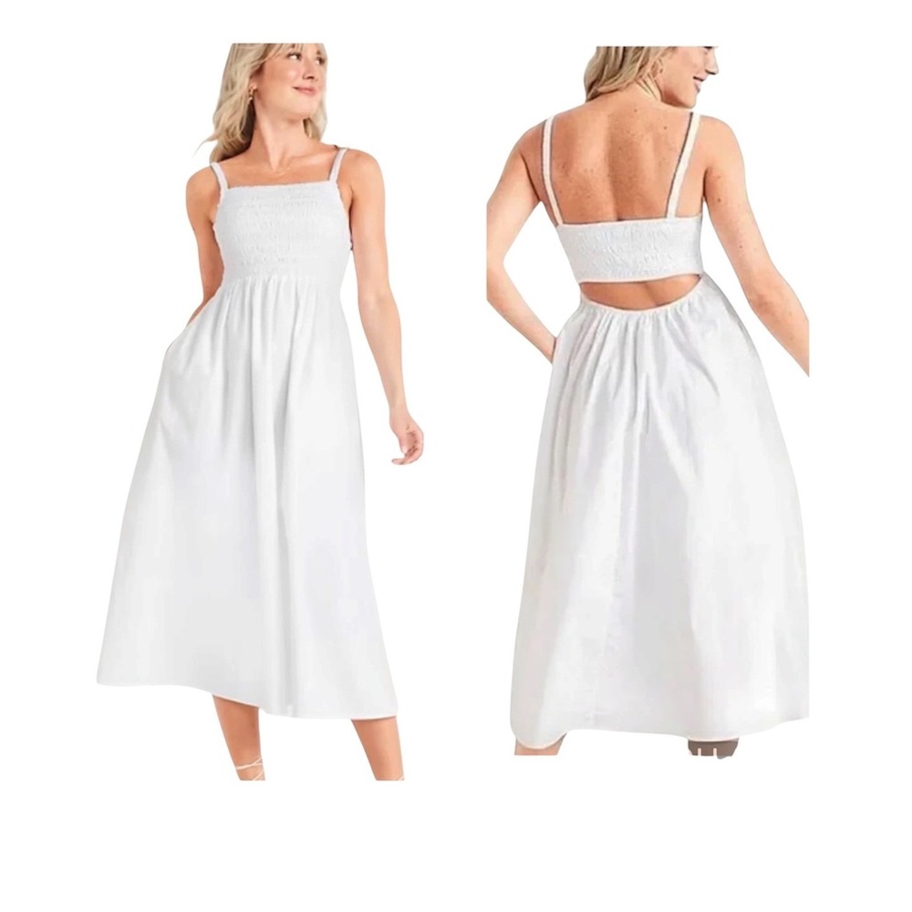Old Navy Smocked Cut-Out Midi Dress New Womens Medium White Sleeveless Pockets